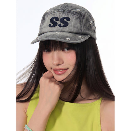 NewJNXS SS Washed Denim Star Studded Embroidered Flat Brim Cap