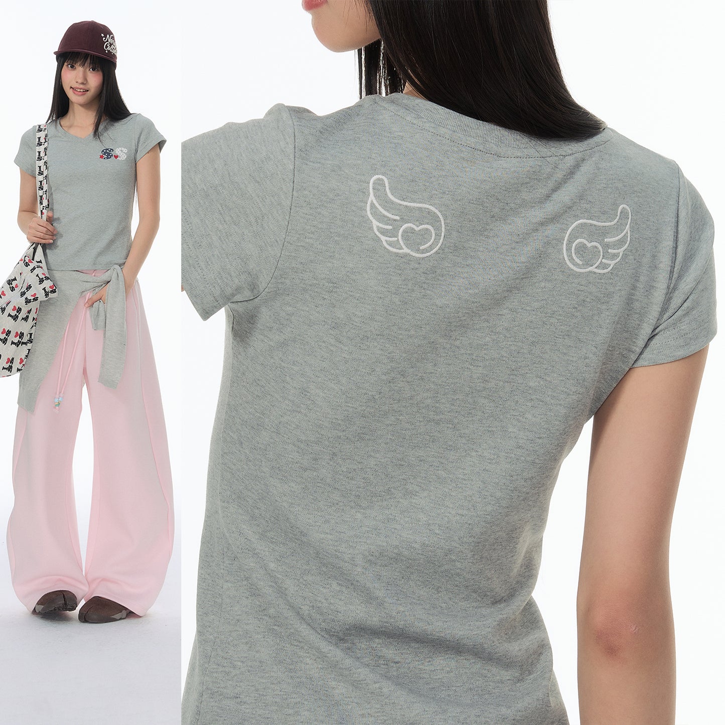 NewJNXS Polka Dot Embroidered V-Neck Slim-Fit T-Shirt