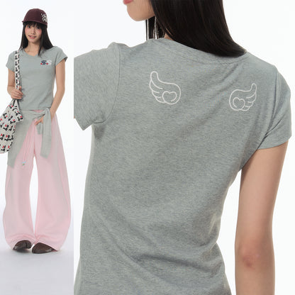 NewJNXS Polka Dot Embroidered V-Neck Slim-Fit T-Shirt