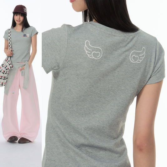 NewJNXS Polka Dot Embroidered V-Neck Slim-Fit T-Shirt