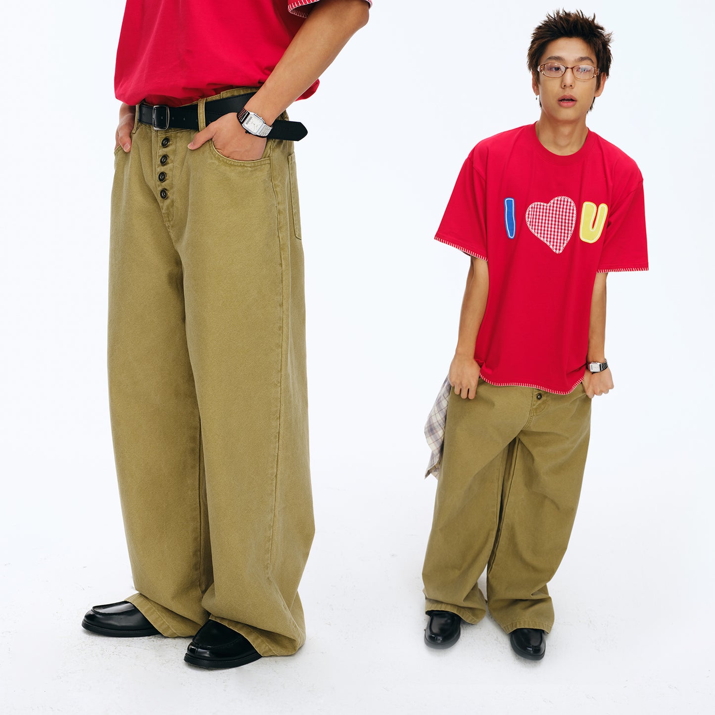 NewJNXS Washed Five-Button Embroidered Loose Straight-Leg Cargo Pants