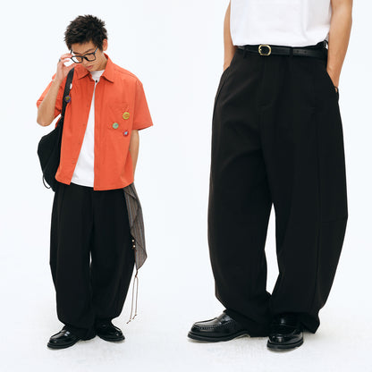 NewJNXS Cotton-Linen Adjustable Pleated Curved-Leg Pants