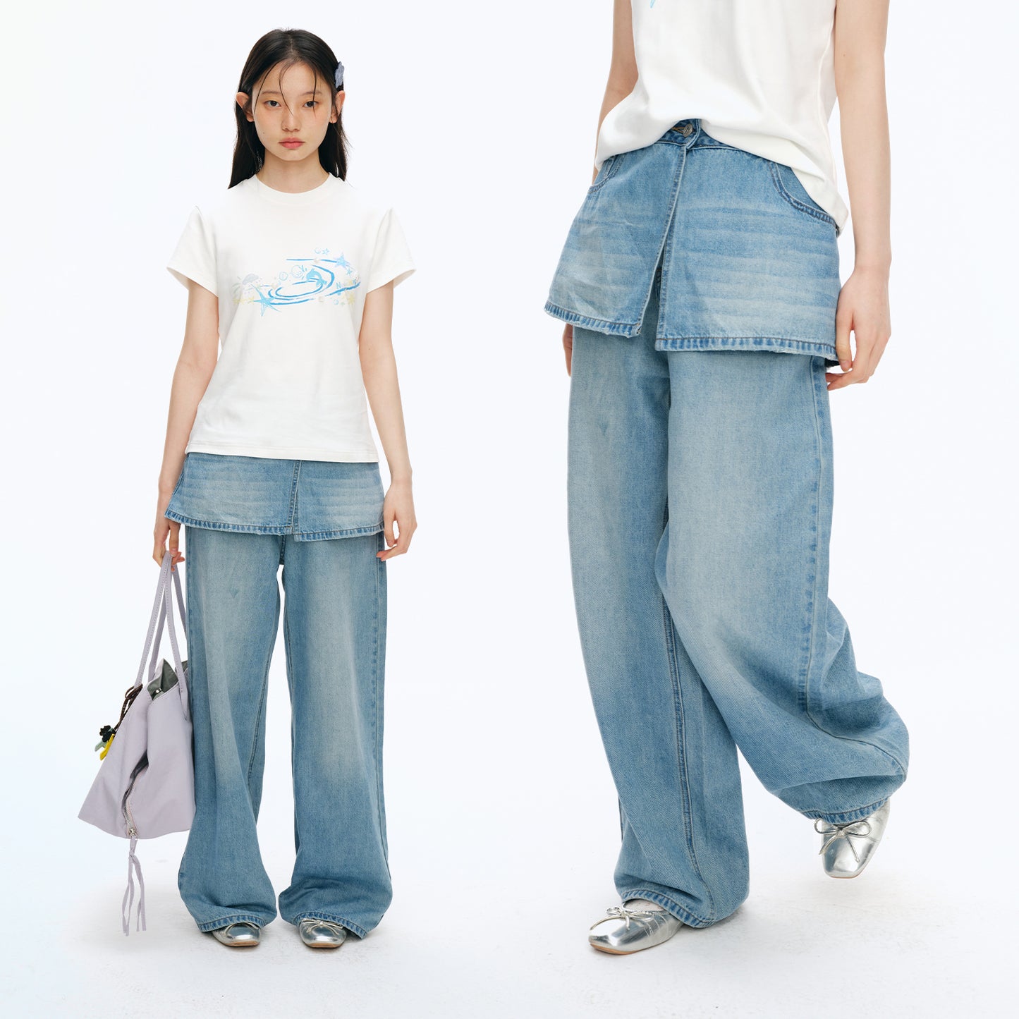 NewJNXS Detachable Layered Wide-Leg Jeans