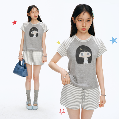 【NewJNXS x Kuku】 Girl Graphic Striped Patch Cropped Slim T-Shirt