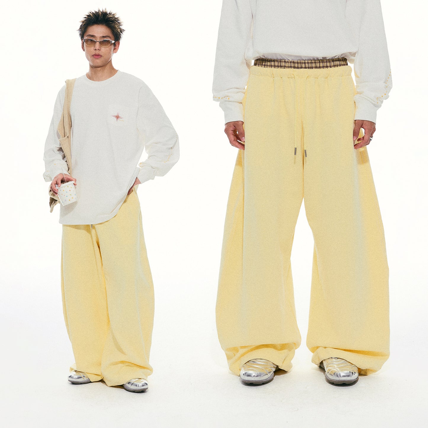 NewJNXS Layered Plaid Waist Sweatpants