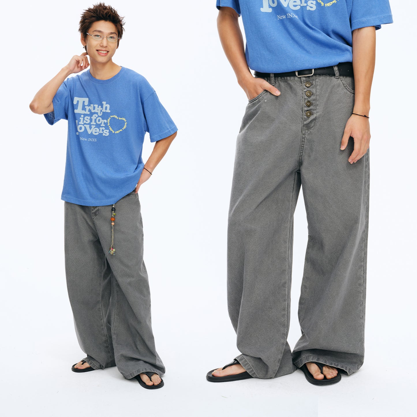NewJNXS Washed Five-Button Embroidered Loose Straight-Leg Cargo Pants