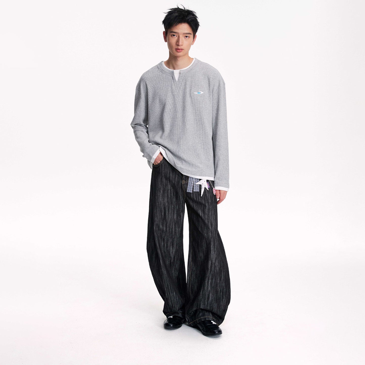 NewJNXS Waffle-Knit Color Block Layered-Look Long Sleeve Tee