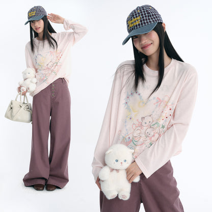 NewJNXS Lyocell Cat Print Bow Blouse