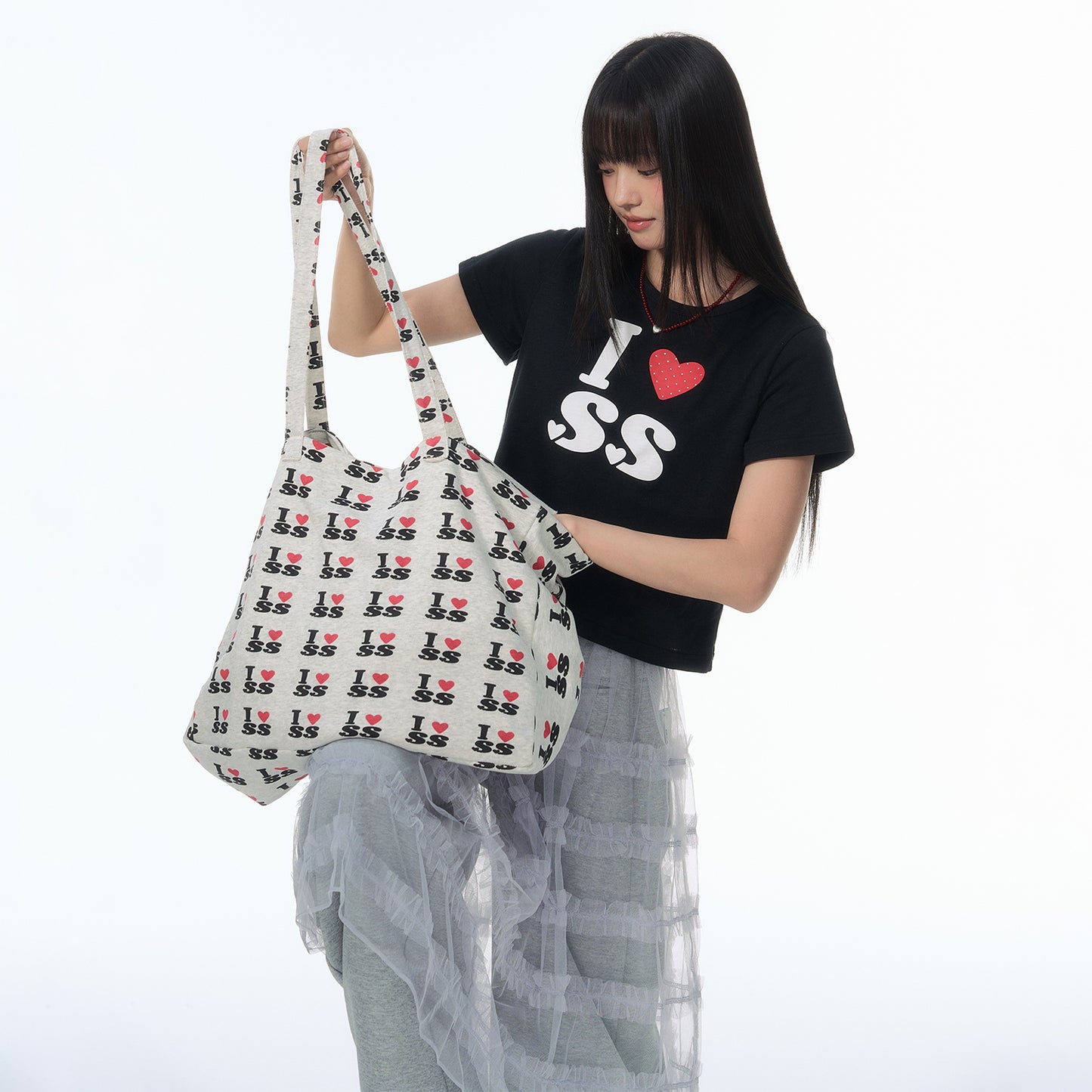 NewJNXS SS All-Over Heart & Letter Print Large Tote Bag