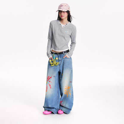 NewJNXS Waffle-Knit Color Block Layered-Look Long Sleeve Tee