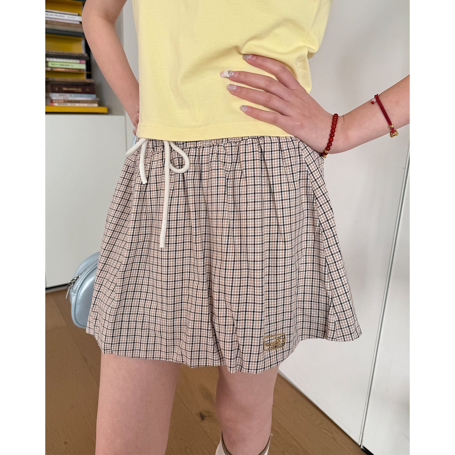 NewJNXS Contrast Double-Waist Plaid Mini Skirt