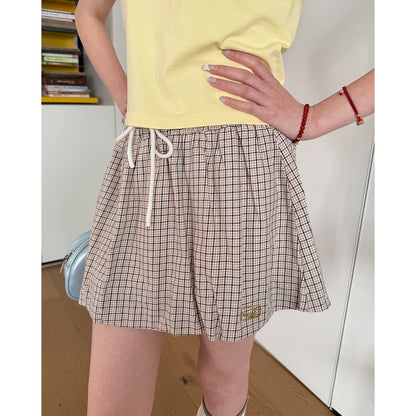 NewJNXS Contrast Double-Waist Plaid Mini Skirt