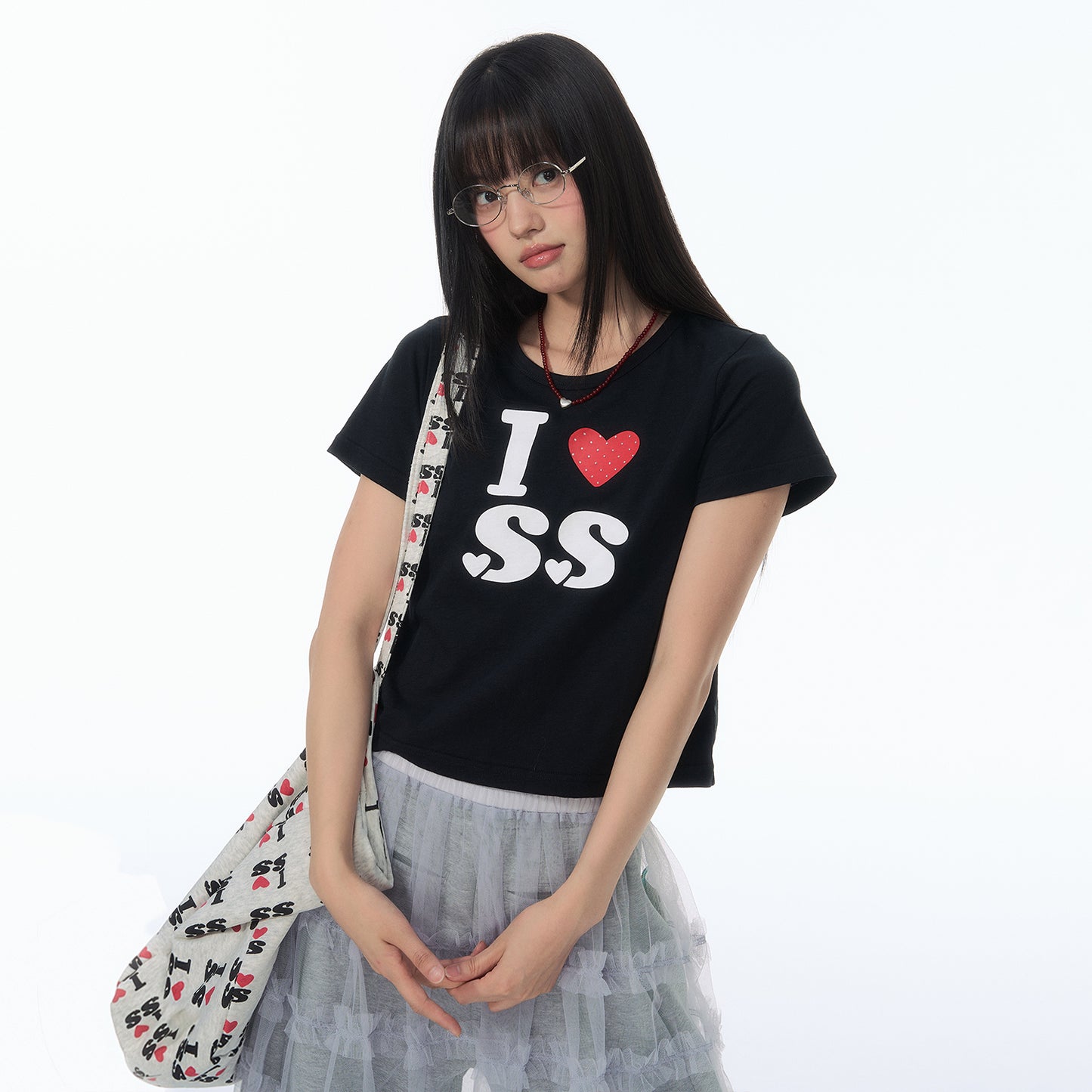 NewJNXS Rhinestone Heart Cropped T-Shirt