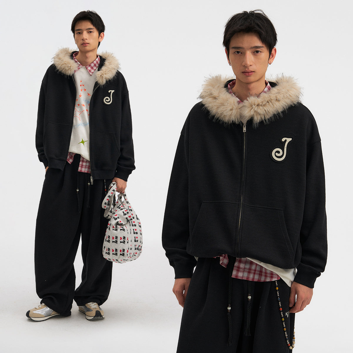 NewJNXS Detachable Plush Collar Jacket & Pants Set