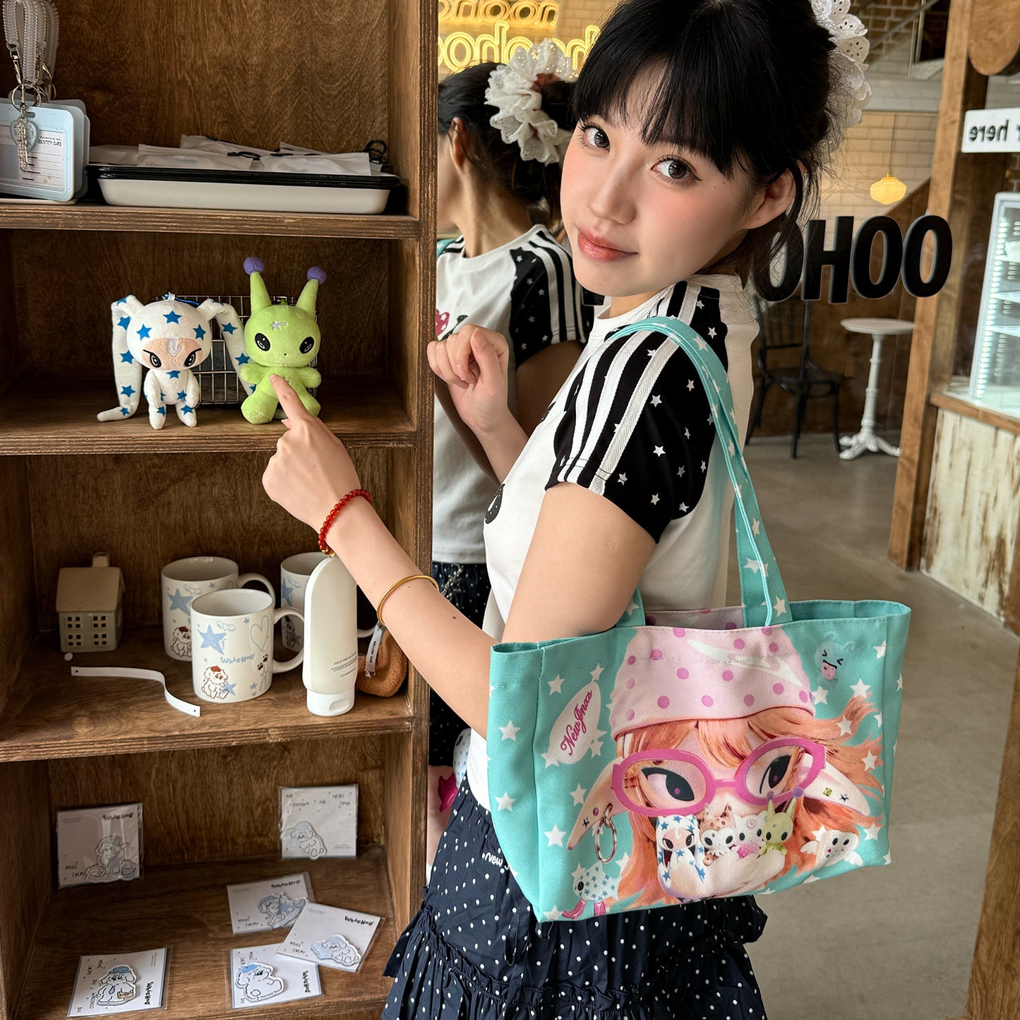 NewJNXS World Space Alien Girl Graphic Mint Green Tote Bag