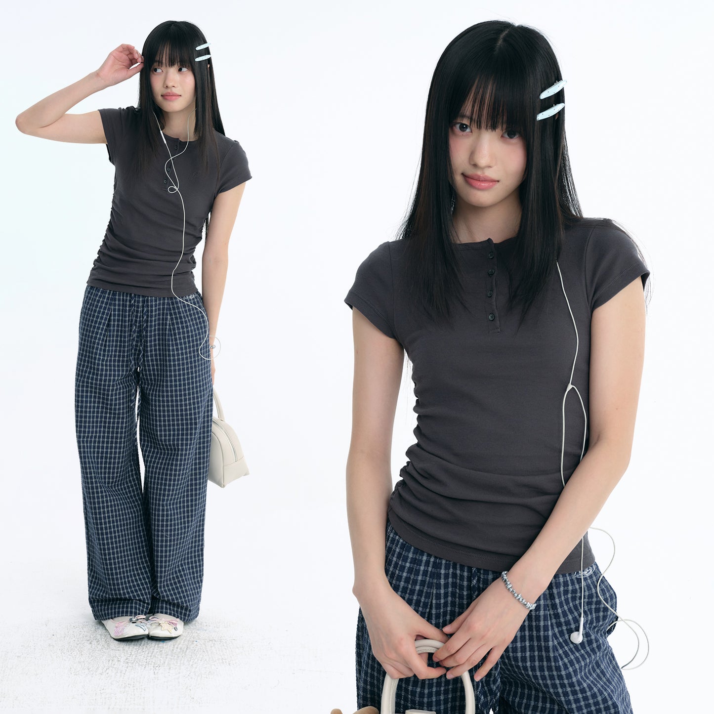 Embroidered Logo Ruched Henley T-Shirt