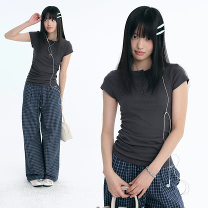 Embroidered Logo Ruched Henley T-Shirt