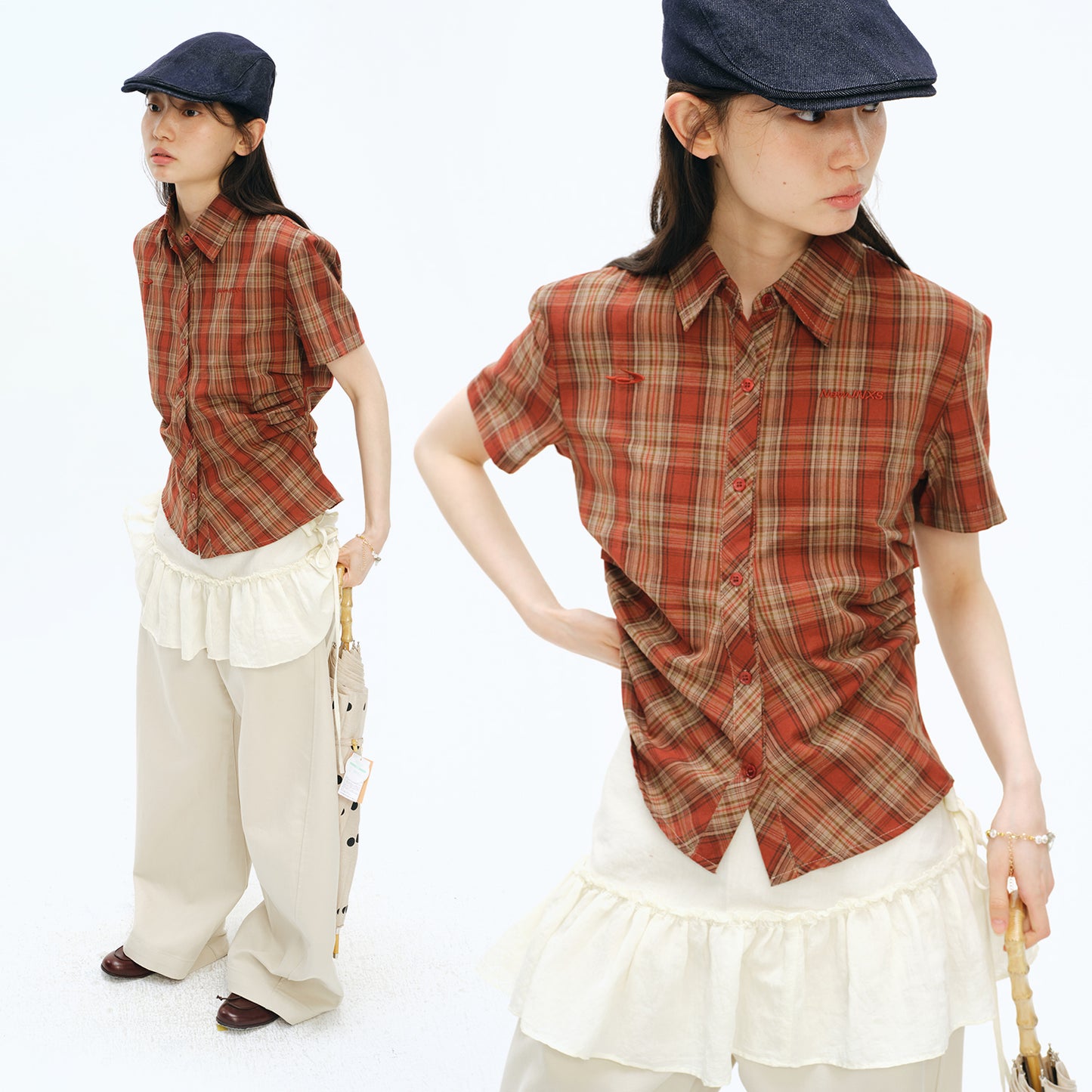 NewJNXS Vintage Plaid Pleated Slim Shirt
