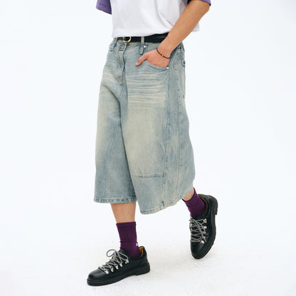 NewJNXS Vintage Wash Wide-Leg Denim Longline Shorts