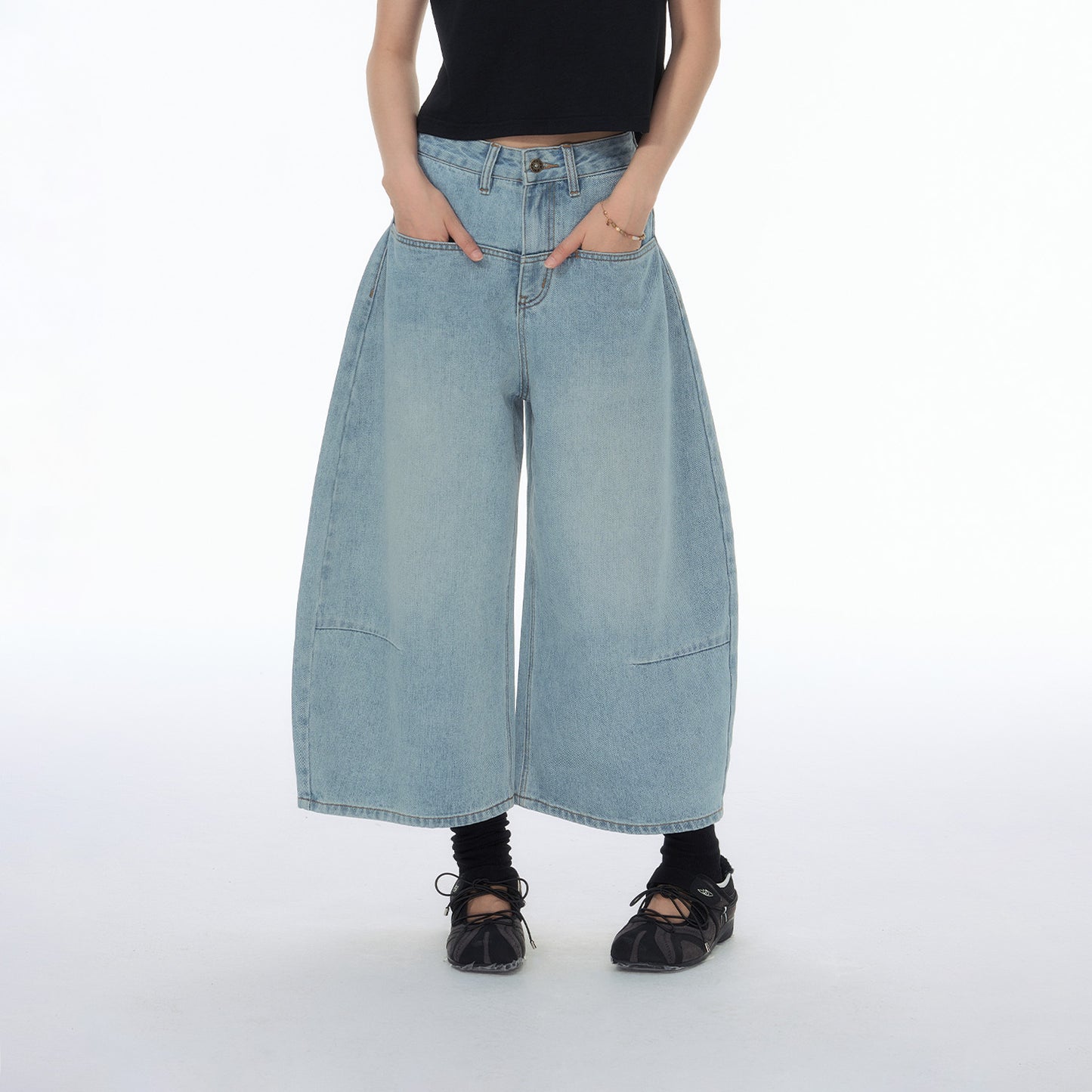 NewJNXS SS Washed Barrel-Leg Cropped Jeans