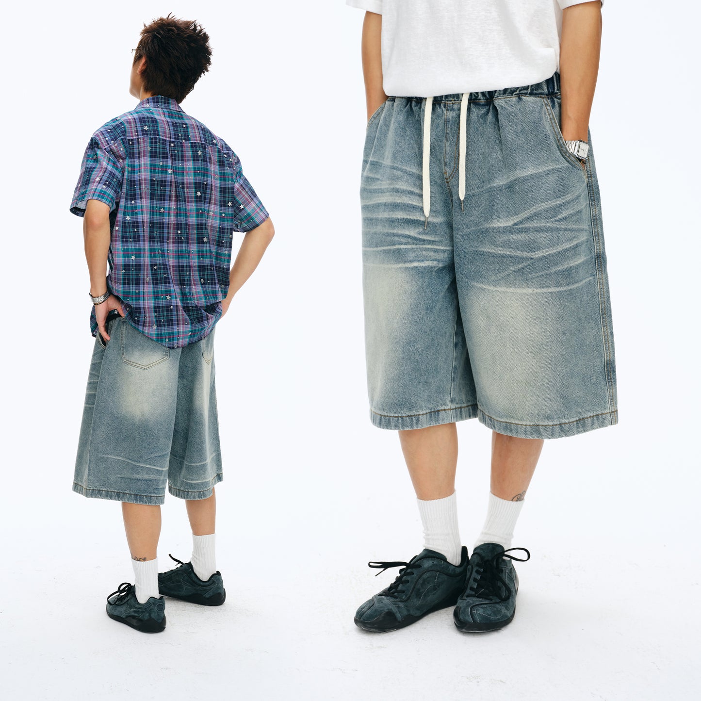 NewJNXS Whisker Washed Denim Drawstring Shorts