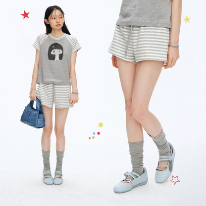 【NewJNXS x Kuku】 Striped Knit Elastic Waist Shorts