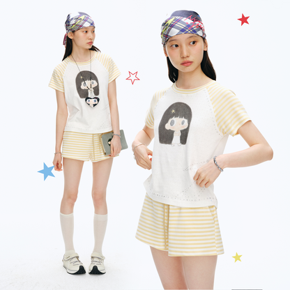 【NewJNXS x Kuku】 Girl Graphic Striped Patch Cropped Slim T-Shirt