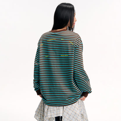 NewJNXS 100% Cotton Contrast Stripe Long Sleeve T-Shirt