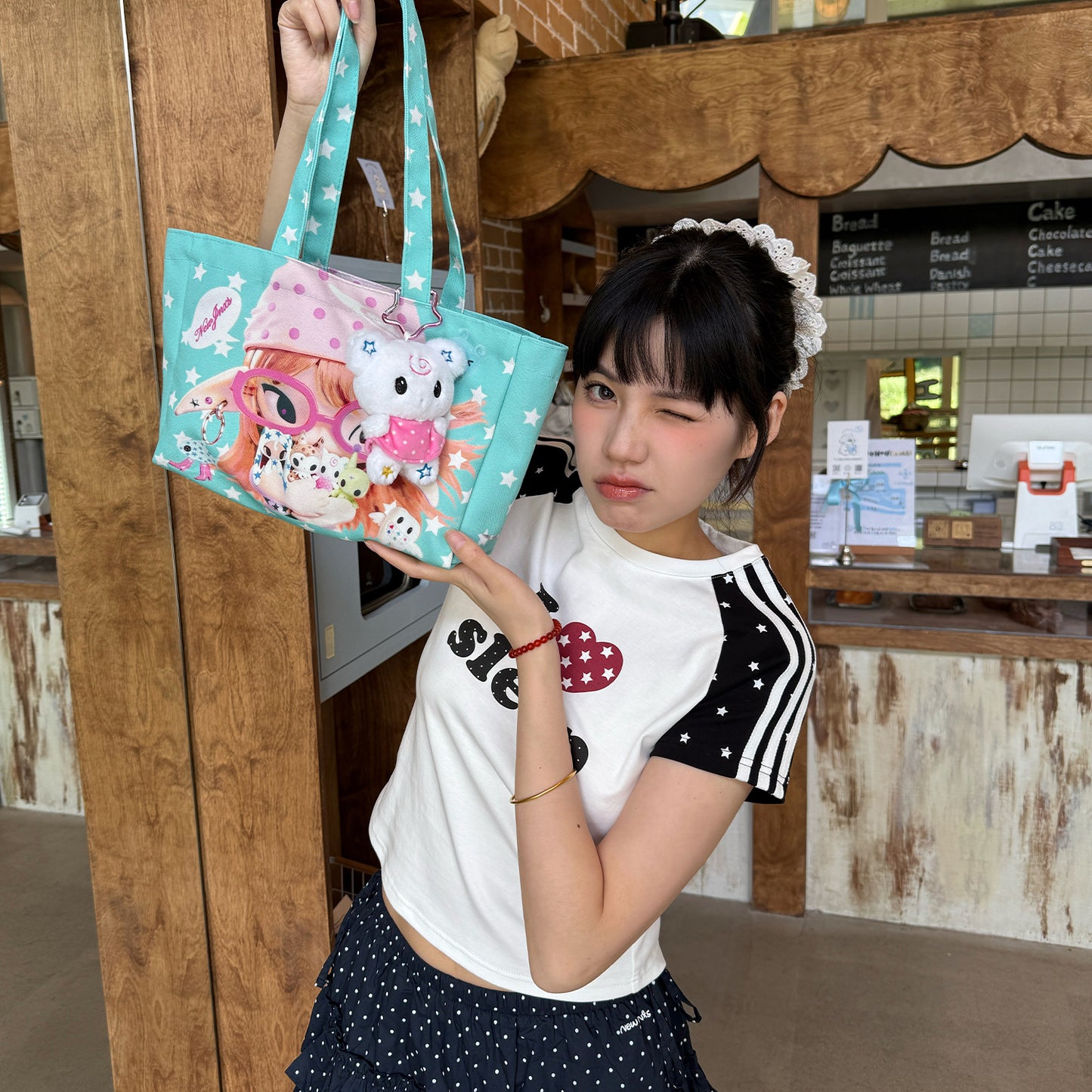 NewJNXS World Space Alien Girl Graphic Mint Green Tote Bag