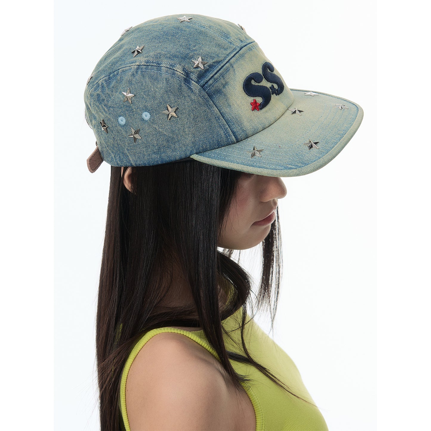NewJNXS SS Washed Denim Star Studded Embroidered Flat Brim Cap