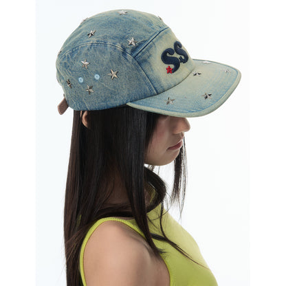 NewJNXS SS Washed Denim Star Studded Embroidered Flat Brim Cap