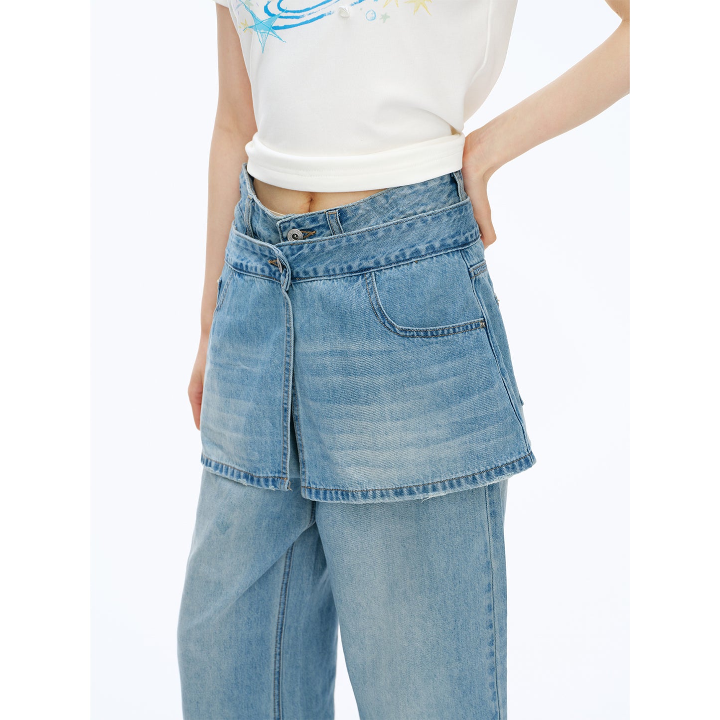 NewJNXS Detachable Layered Wide-Leg Jeans