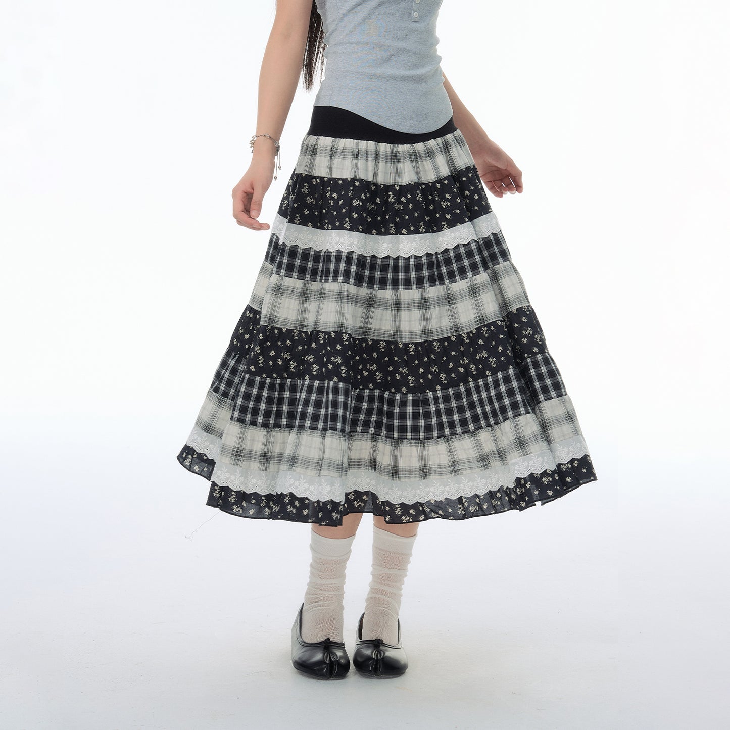 NewJNXS SS Plaid & Floral Patchwork Maxi Skirt