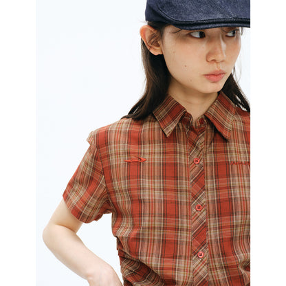 NewJNXS Vintage Plaid Pleated Slim Shirt