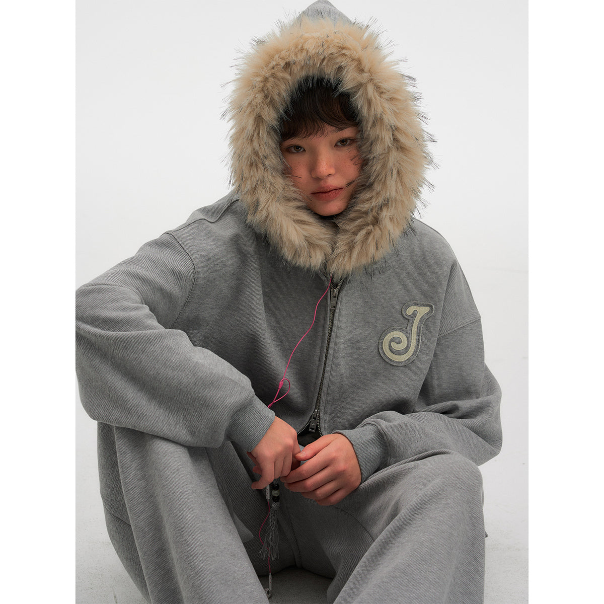NewJNXS Detachable Plush Collar Jacket & Pants Set