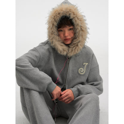 NewJNXS Detachable Plush Collar Jacket & Pants Set