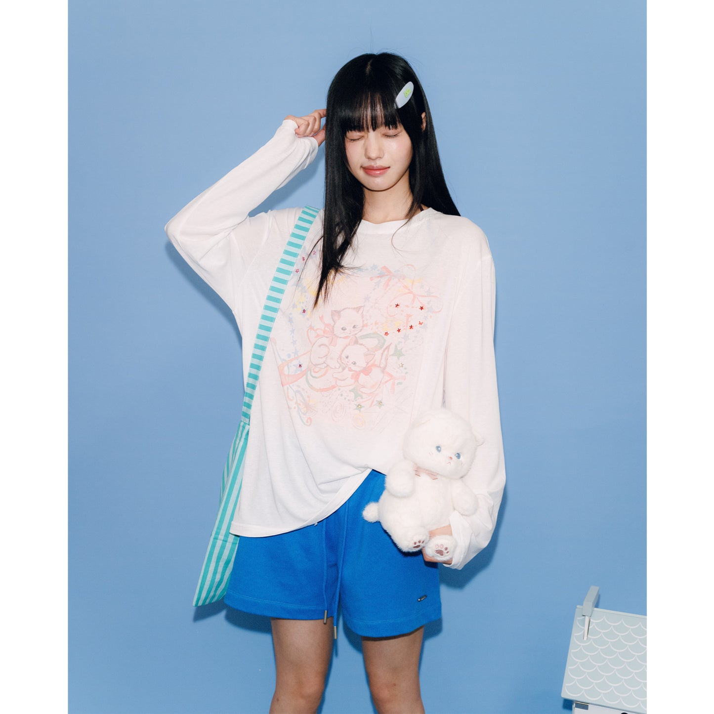 NewJNXS Lyocell Cat Print Bow Blouse