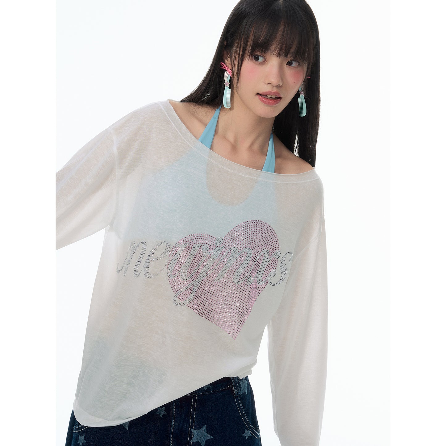 NewJNXS SS Lyocell Knit Off-Shoulder Rhinestone Cover-Up Top