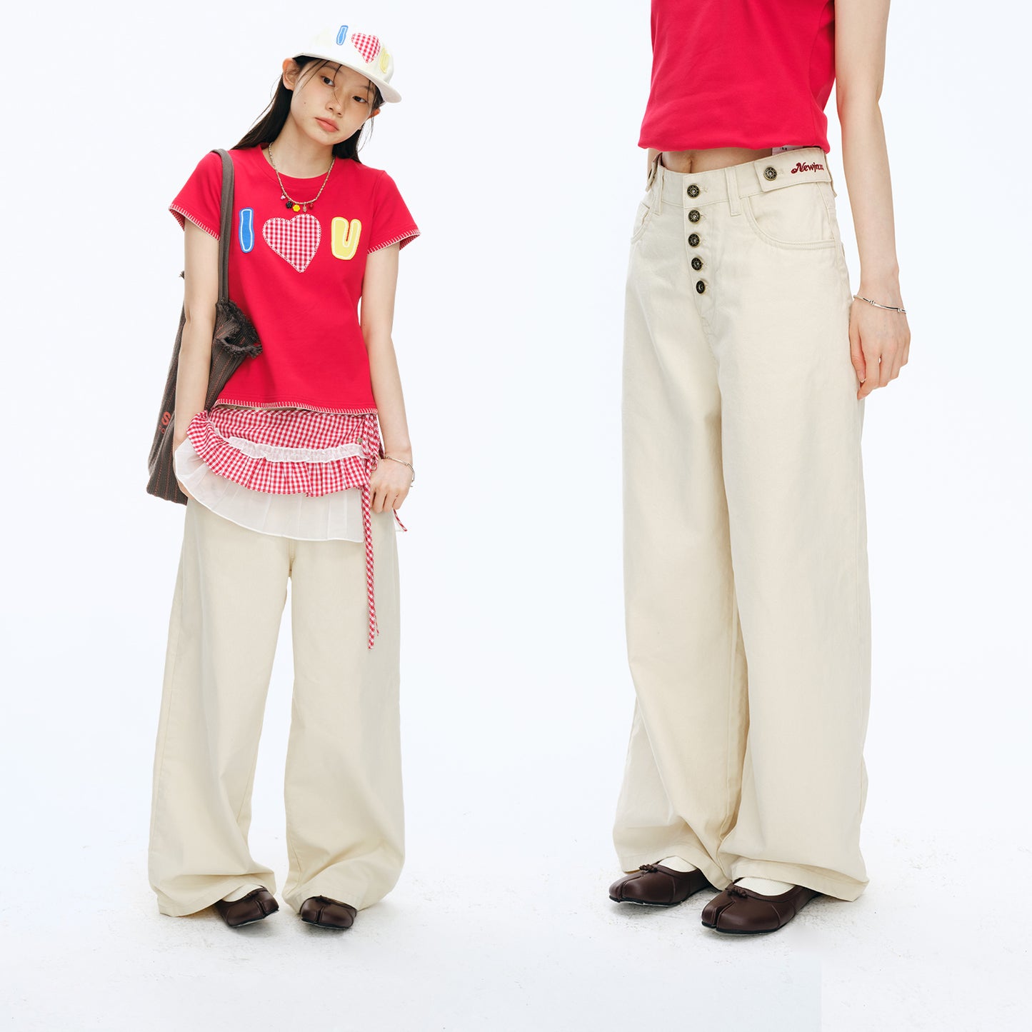 NewJNXS Washed Five-Button Embroidered Loose Straight-Leg Cargo Pants