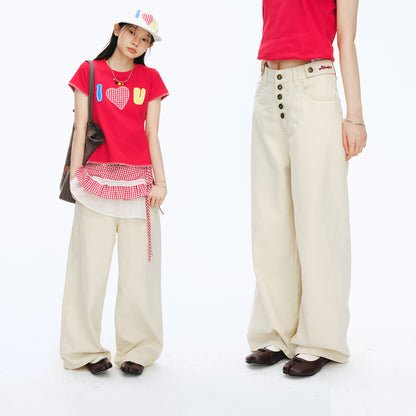 NewJNXS Washed Five-Button Embroidered Loose Straight-Leg Cargo Pants