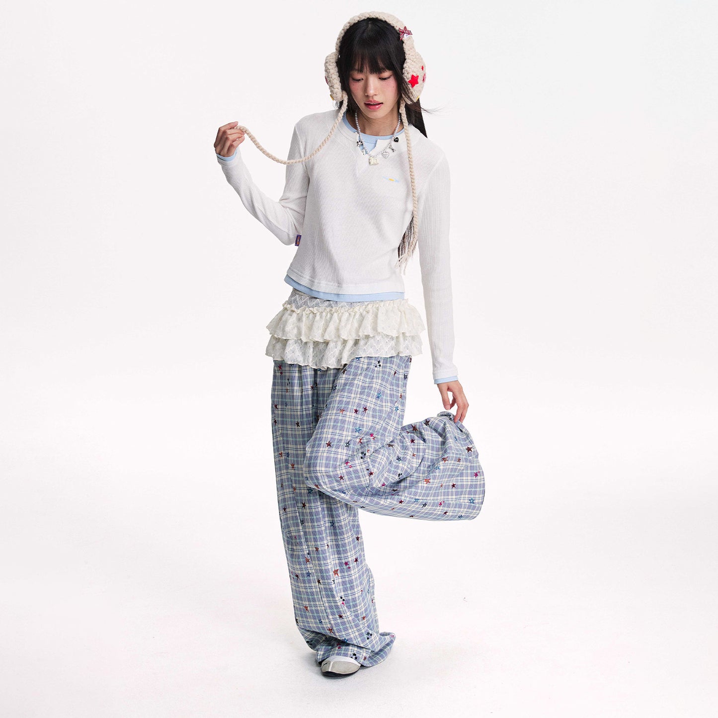NewJNXS Waffle-Knit Color Block Layered-Look Long Sleeve Tee