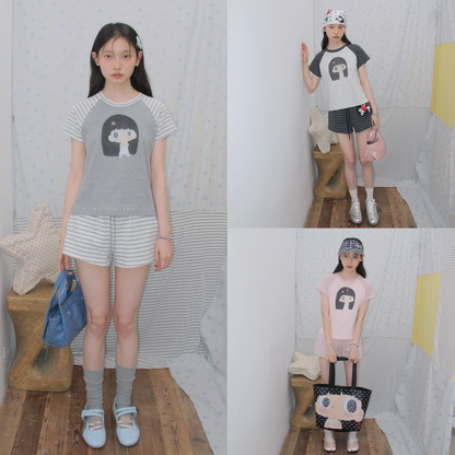 【NewJNXS x Kuku】 Girl Graphic Striped Patch Cropped Slim T-Shirt