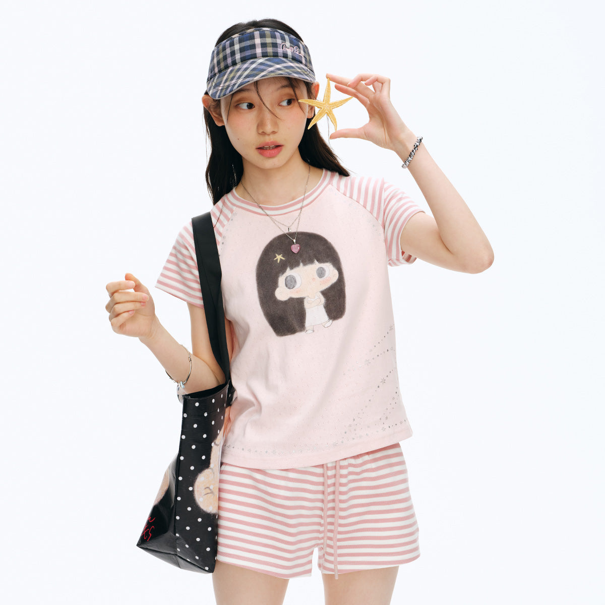 【NewJNXS x Kuku】 Girl Graphic Striped Patch Cropped Slim T-Shirt