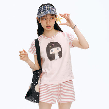 【NewJNXS x Kuku】 Girl Graphic Striped Patch Cropped Slim T-Shirt