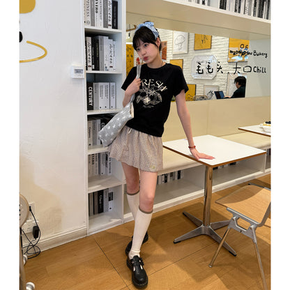 NewJNXS Contrast Double-Waist Plaid Mini Skirt