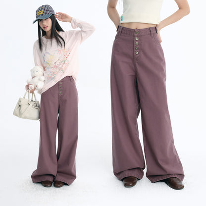NewJNXS Washed Five-Button Embroidered Loose Straight-Leg Cargo Pants