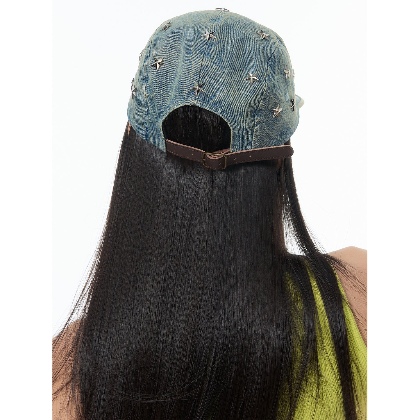 NewJNXS SS Washed Denim Star Studded Embroidered Flat Brim Cap