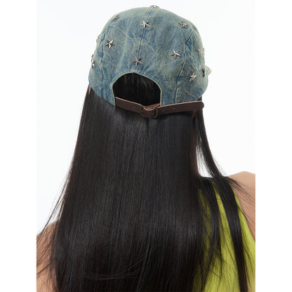 NewJNXS SS Washed Denim Star Studded Embroidered Flat Brim Cap