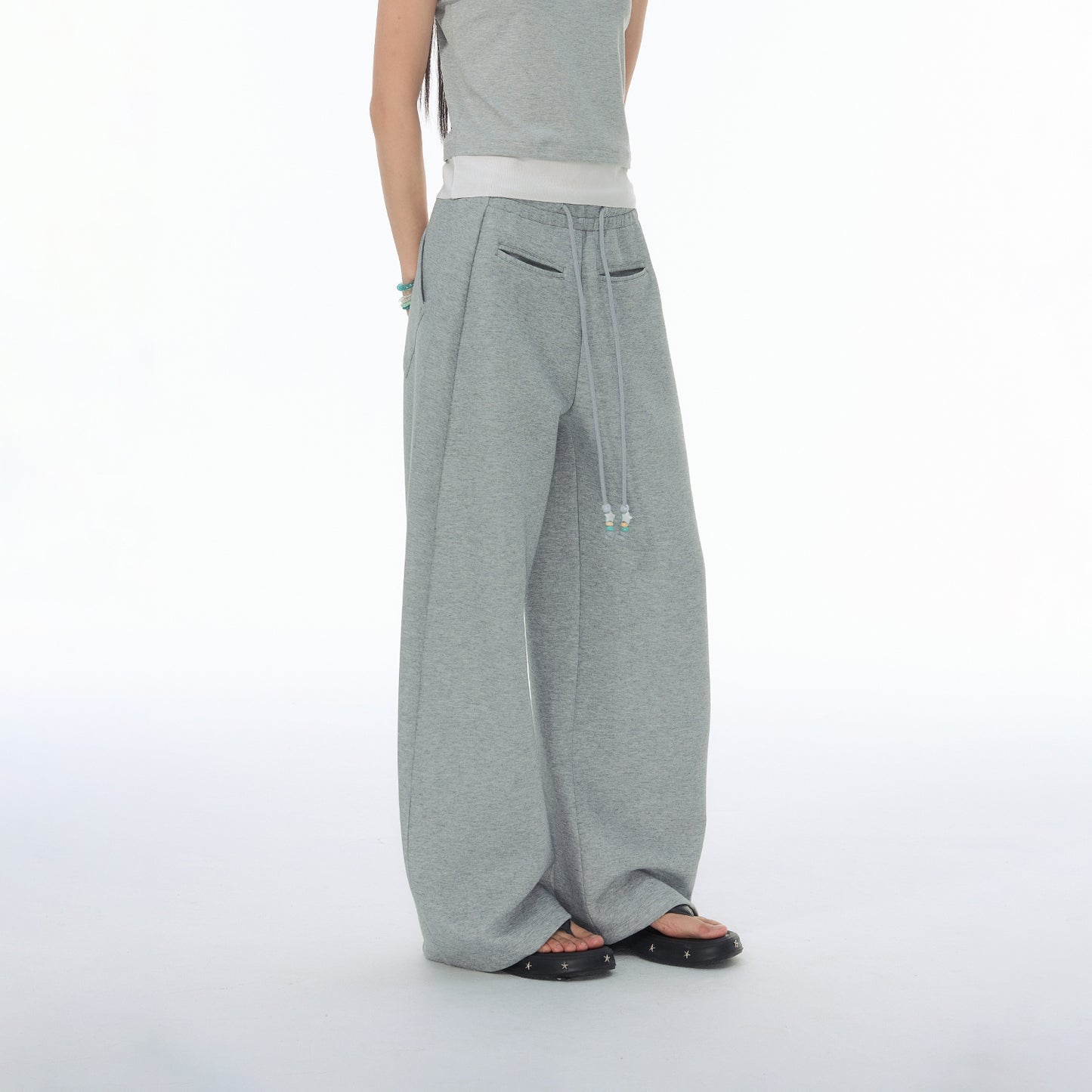 NewJNXS SS Beaded Drawstring Barrel-Leg Pants
