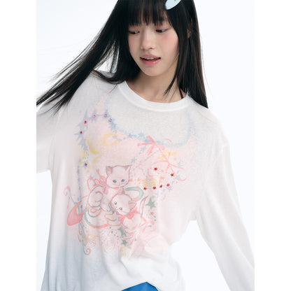 NewJNXS Lyocell Cat Print Bow Blouse